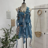 Fongt Neck Lotus Leaf Side Ribbon Print Between The Draw Folded Lace With Bareback Bow Dress 22070