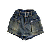 Fongt Babes Work Style Skirts Women High-Rise Thins Retro Old Denim Shorts Wide Leg Trousers