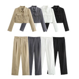 Fongt 2025 New Women's Double Pocket Coat Top + Pants Suit