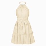 Fongt Summer 2024 New Solid Color Casual Neck Sleeveless Waist Dress-Outfit