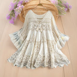 Fongt Dali Tourism Holiday Dress Women New Gentle Wind Tied V Tie Horn Sleeve Hollow Knitting Short