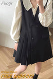 Folds Peter Pan Collar Puff Sleeve Single Breasted Shirt Loose Asymmetrical Knee Length Pleated Vest