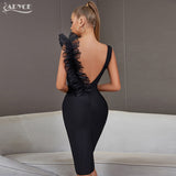 2022 New Summer Black Bodycon Bandage Dress Women Sexy V-Neck Ruffles Mesh Backless Vestidos Celebrity Evening Party
