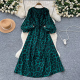 Fongt Retro Niche Print Dress Woman 2025 Autumn Strap To The Waist Round Lantern Sleeves Thin Dress