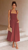 Fongt 2023 Sexy Outback Solid Color Cotton And Linen Collar Sling Dress 22010-Outfit