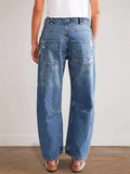 Fongt New Retro Hole Straight Trousers Casual Splicing Trousers Loose Jeans Woman