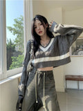 Korean Style V-neck Striped Crop Sweater Women Harajuku Y2K Oversize Pullover Jumper Basic Loose Knitted Tops