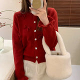 Spring And Autumn New Pure Color High-Grade Round Collar Hand-Made Three-Dimensional Bow Soft Waxy Knitted Cardigan Blouse-Outfit