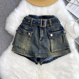 Fongt Babes Work Style Skirts Women High-Rise Thins Retro Old Denim Shorts Wide Leg Trousers