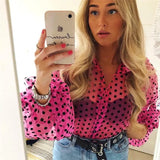 Street Style Shirt Blouse Women See Through Sheer Mesh Lapel Shirt Tops Lantern Sleeve Polka Dots Button Down
