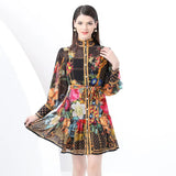 Fongt Niche Collar Single Buckle Waist Lantern Sleeve Print Pressure Folding Leaves Side Thin Chiffon Dress