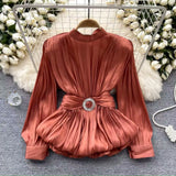 Fongt French-Style Waist-Low-Down Shirt Female Careful Machine Strap Design With A Chic Folded Lotus Leaves Hem French Top