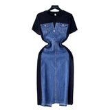 Fongt Net Red New Niche Round Collar Short Sleeve Splicing Denim Dress Women Senior Feel Waist-Wear Two Long Skirts