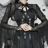 Vertical Collar Lace Splicing Strap Burnt Cuff Blouse Dark Wind Short Style Perspective Blouse Girl-Outfit