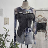 Solid Shooting Tie-Dye Print Spliced Denim T-Shirt Girl Autumn Design Sense Irregular Hair Side Short-Sleeved Top