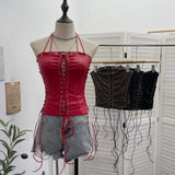 Fongt Babes Hollow Strapped Braped Pu Skin Top Female Tight Sexy Short Hanging Neck Vest 2765