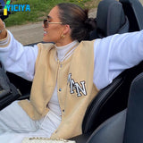 Bomber Woman Varsity Jacket Single-breasted Stand Lettering Embroidery Khaki American Baseball Jacket Bombers Met