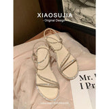 Fongt New Rhinestone Flat Sandals Female Summer Outside Wear Ins Fairy Wind With Skirt A Word With Thick Heel Roman
