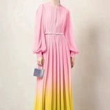 Fongt Elegant High-End Gradient Dress Women Spring Skinny Temperament Folding Long Skirt