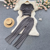 Fongt Female Pleated Drawstring With Short-Sleeved Top Pendant Wide-Leg Pants Two-Piece Set-Outfit