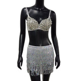 Shiny Sequined 2 Piece Set Women Spaghetti Strap Patchwork Bra Crop Top Bling Tassel Waist Chain Clubwear 2 Pcs
