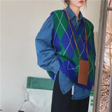 2022 New Sleeveless Oversized Knitted Checkered Vintage Lady Autunm Winter Women Sweater Pullover Vest Tops