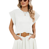 2024 New Round Collar Solid Color Shoulder-Inserted Sleeve Casual T-Shirt-Outfit