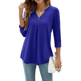 Color Five Yards A Large Number Of Burst Seven-Point Sleeve Solid Color V-Neck Buckle Folded T-Shirt Top