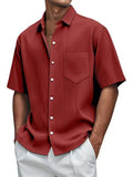 Fongt New Men's Solid Color Loose Comfortable Buffly Striped Short-Sleeved Button Lining