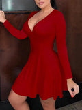 Fongt Picture Solid Color V-Neck Long-Sleeved Mid-Sleeve Mid-Rise