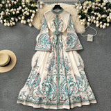 Fongt Dress New Retro Print Collar Collar Horn Sleeve Dress Women's Single Buckle Large Irregularly Folded Long Skirt