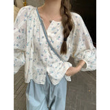 Fongt Small Fresh Broken Flower Long-Sleeved Shirt Small Loose Thin Round Collar Sweet Girl Feeling