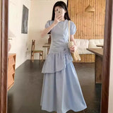 Fongt Blue Short-Sleeved Dress Women's Summer 2025 New Small Folding Thin Temperament Cake
