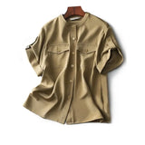 Safari Style Solid Pockets Casual Top Women Vintage Shirts Summer 2023 Patchwork Chiffon Basic Round Neck Blouse-Outfit