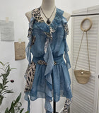 Fongt Neck Lotus Leaf Side Ribbon Print Between The Draw Folded Lace With Bareback Bow Dress 22070