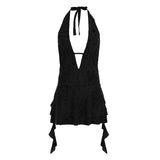 Fongt Wasteland Terrefty Hanging Neck Irregular Strapped Ribbon Dress Hottie Deep V-Leader Old Short Dress