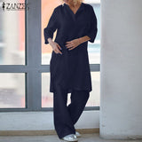 Women Autumn Suits Fashion Solid 3/4 Sleeve Matching SetsWide Leg Trousers Cotton Pant Sets Oversize Casual Loose