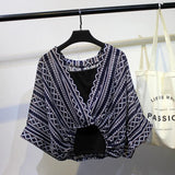 Two Piece Set Striped Chiffon Grid Summer Half Sleeve Loose V-Neck Floral Spring Cool Blouses Sweet Ladies Short Tops