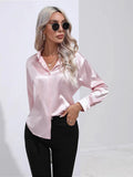 New Loose Long-Sleeved Blouse Simple V-Neck Cardigan Shirt Button Blouse Solid Color-Outfit