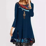 Fongt Dress Women's Print Loose Long Sleeved Round Collar