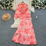 Fongt Temperament Two Sets Of Female High-Grade Style Straps To The Waist Lantern Sleeve Print Chiffon Top + High Waist Skirt