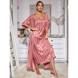 Fongt Pajamas Female Simulation Silk Long Sleeve Advanced Feeling Ice Silk Robe Home Suit-Outfit