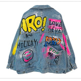 Painted Graffiti Print Denim Jacket Women Streetwear Fashion Lapel Long Sleeve Jeans Jacket Lady Loose Size Jeans