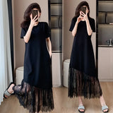 Fongt High-End Lace Splicing Dress 2025 Light Luxury Temperament Slim Thin Short Sleeve Black Dress