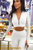 2023 Summer Women Casual 2 Pieces Long Sleeve Zipper V Neck Crop Top High Waist Leggings Set Tracksuit Streetwear