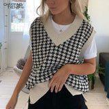 Women‘s Knitted Vest Pullovers Autumn Waistcoat Tops Sleeveless Loose Houndstooth Female Vintage Plaid Sweater