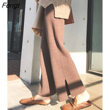 Autumn/Winter Women Pants Warm High Waist Loose Knitted Wide Leg Pants Baggy Side Slit Casual Pants