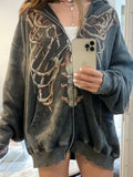 y2k Skeleton Jackets Loose Grey Zipper Hooded Coat Women Grey Pockets Retro Sweatshirts Women Grunge Outwear