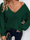 Fongt Women's V-Neck Solid Color Sweater Autumn New Long-Sleeved Casual Loose Bow Top Woman