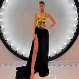 Hot Leather Shoulder Sleeveless Sexy Open-Fork With Dress Suit Drag